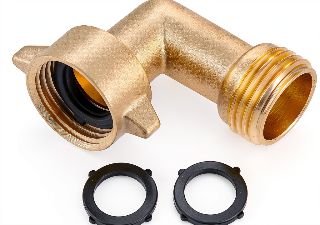 BILAL 90 degree brass hose elbow installed on an RV water hookup